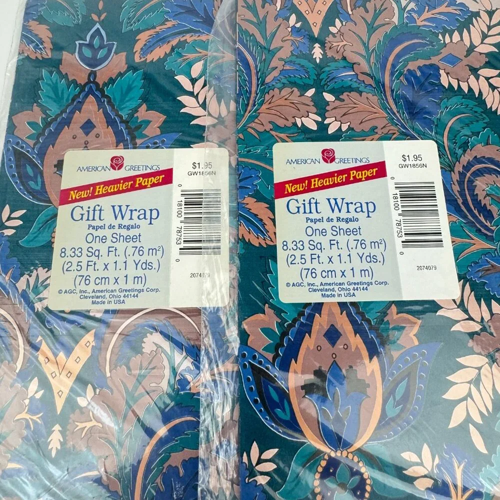 Vtg Pack of 3 Floral Flower Paisley Turquoise‎ Blue Gold Gift Wrap Sheets Color